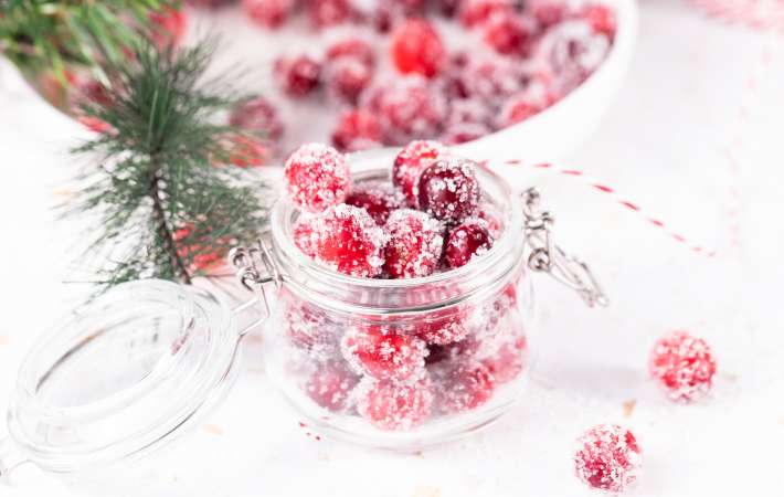 sugared cranberries are a sparkling, tart vegan christmas dessert