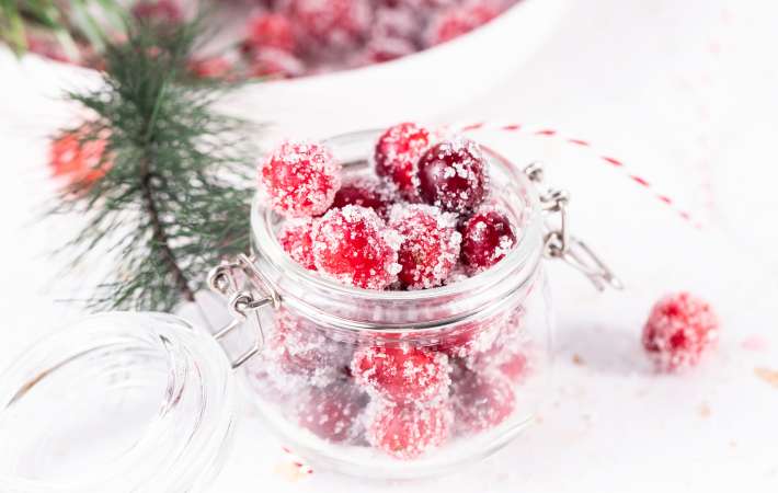 sugared cranberries are a tart and sweet gluten free dessert
