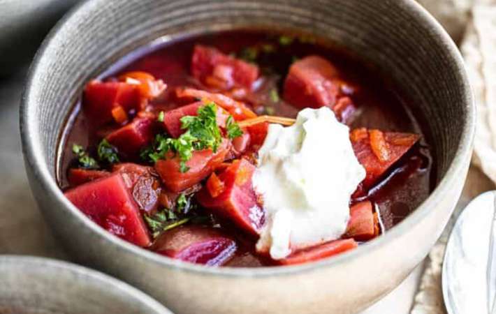 vibrant and colorful borscht soup is a classic ukrainian vegetable soup recipe 