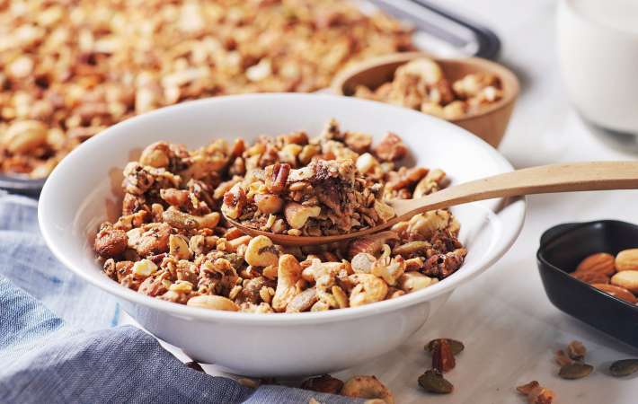hearty gluten free granola is a great vegan breakfast snack