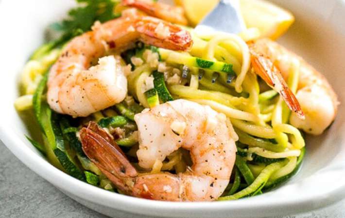 shrimp scampi with zucchini noodles are a light and easy keto lunch idea