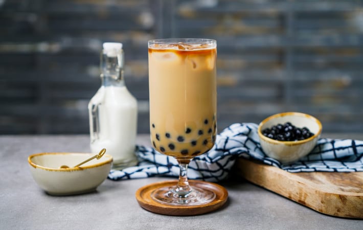 boba latte features bouncy tapioca pearls