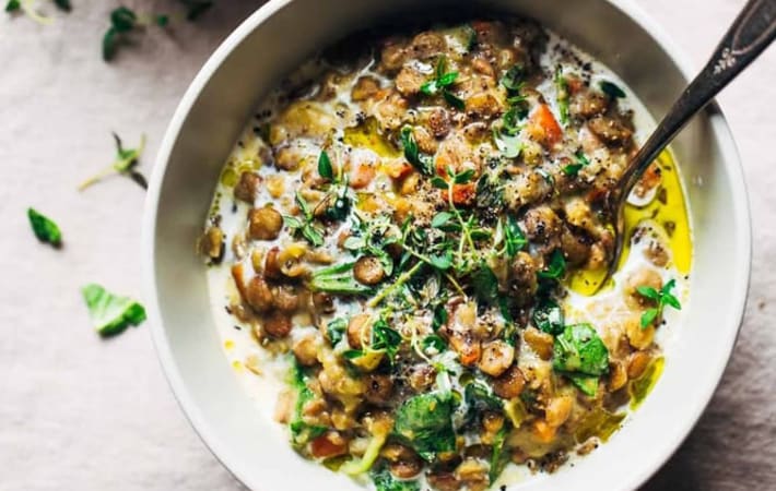 one pot creamy spinach lentils are a comforting meal with staple ingredients