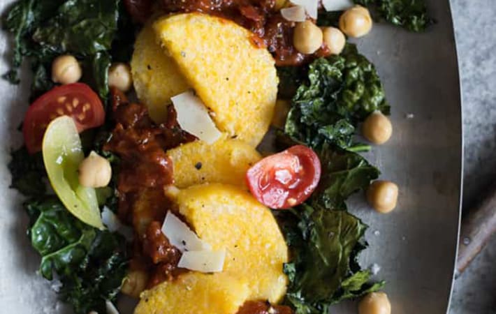 pan fried polenta with roasted kale & chickpeas is a versatile vegan appetizer recipe