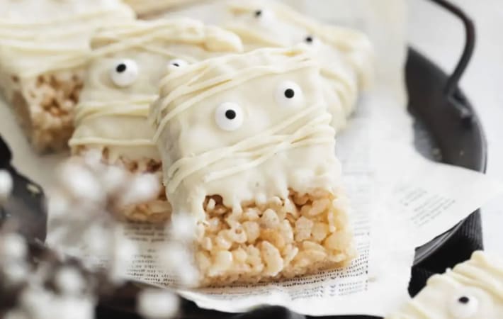 browned butter mummy rice krispie treats dresses up with a halloween flair