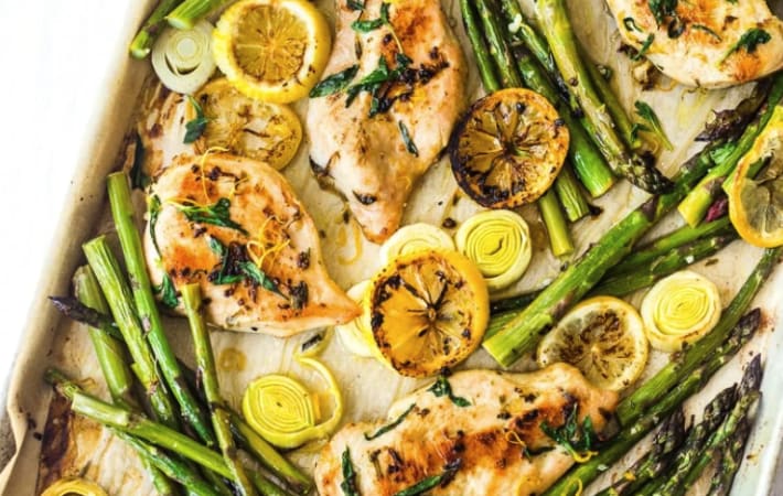 tarragon chicken with asparagus lemon and leeks are a bright and herby healthy chicken breast meal