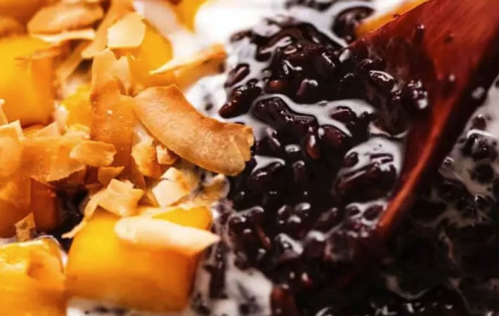 thai black sticky rice pudding is an elegant asian dessert