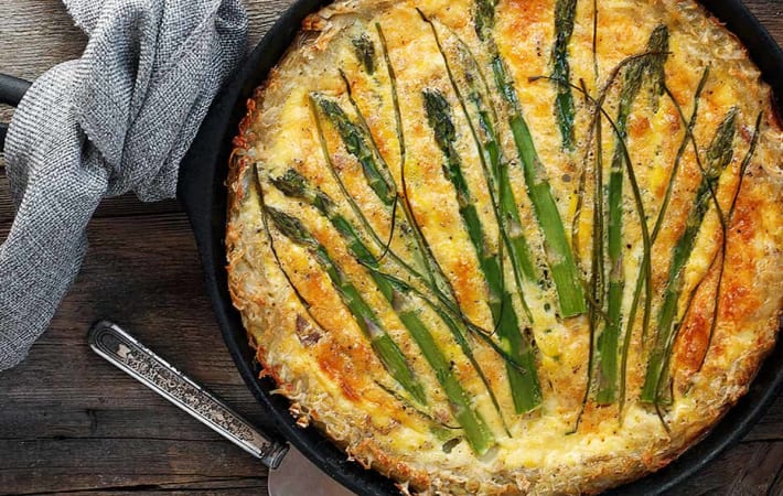 hashbrown crust asparagus quiche is a filling vegetarian breakfast