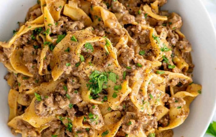 one pot beef stroganoff is creamy and meaty