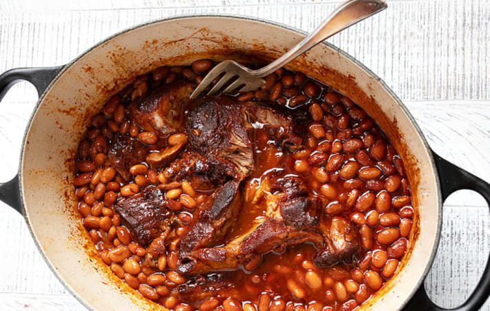 tender and saucy pork and beans are rich and savory