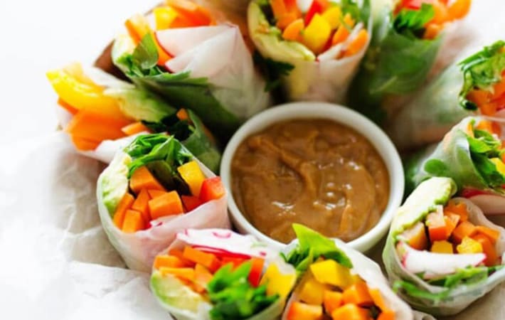 vegan rainbow spring rolls are an eye catching vegan appetizer