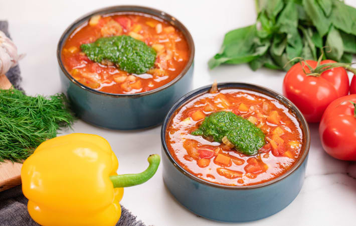 Garden Vegetable Soup with Pesto Recipe | Cozymeal