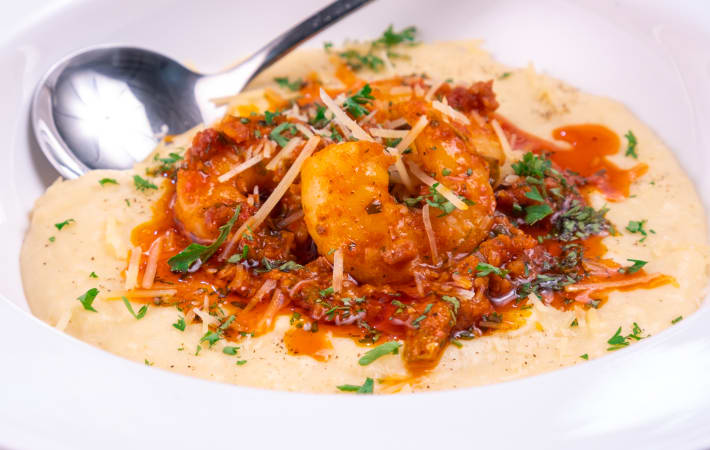 Cheesy Polenta with Shrimp and Chorizo Romanesco Recipe | Cozymeal