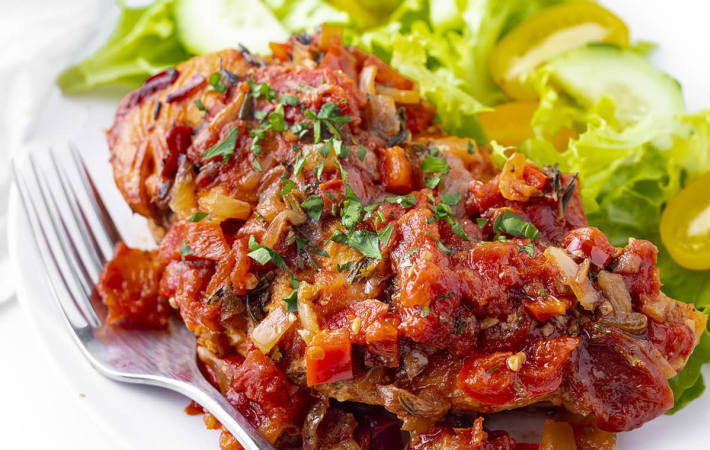 slow cooker chicken cacciatore is the modern version of the traditional rustic italian stew