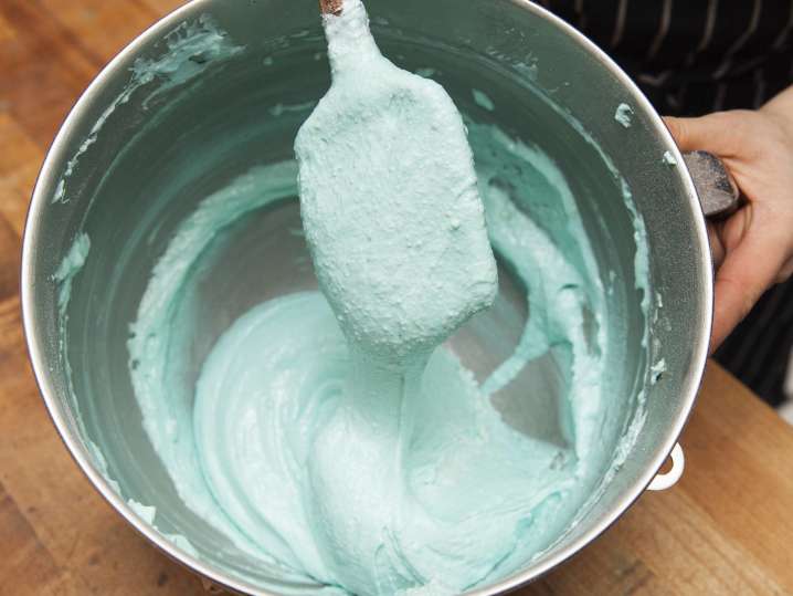 blue macaron batter in a mixing bowl Shot