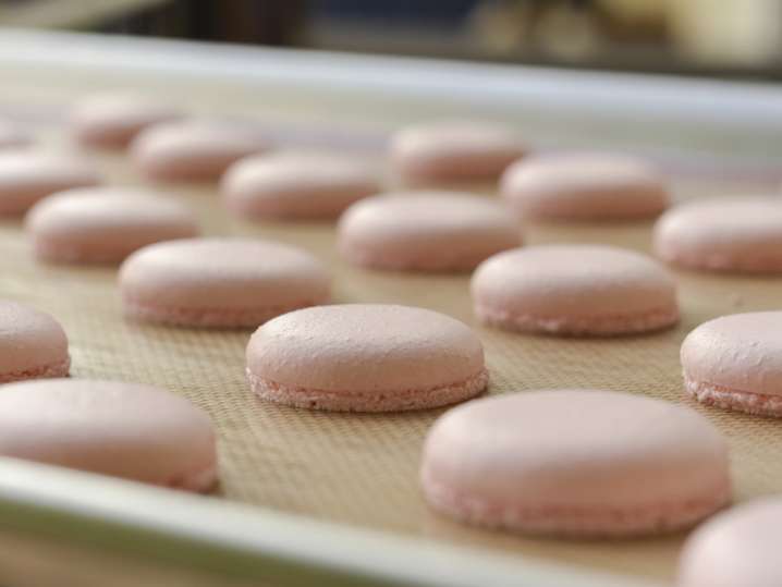 pink macarons on a baking sheet Shot