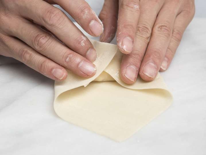 chef's hands foling a wonton wrapper to make a spring roll Shot