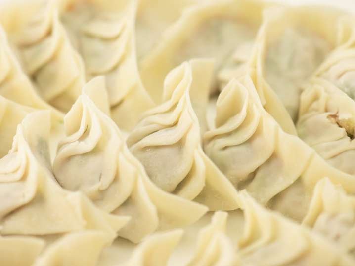 uncooked potstickers on a kitchen work surface Shot