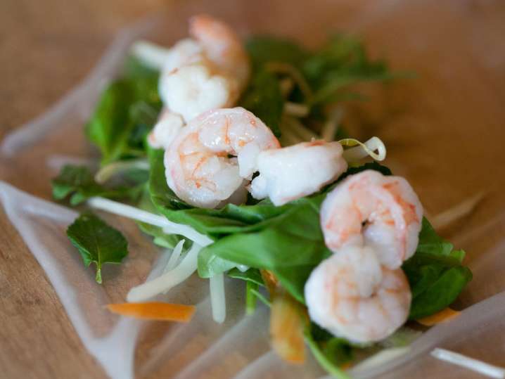 shrimp and vegetables on rice paper to make spring rolls Shot