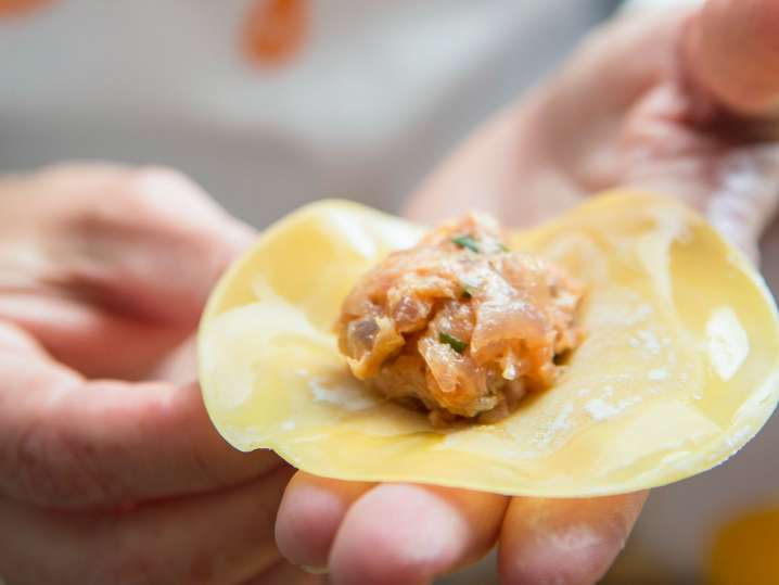 filled potstickers on a floured work surface Shot