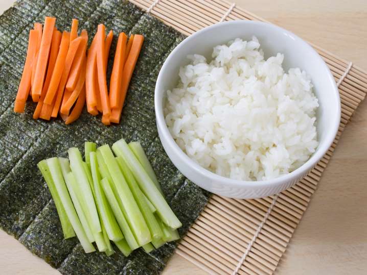 sushi rice, cucumber, carrot, and nori Shot