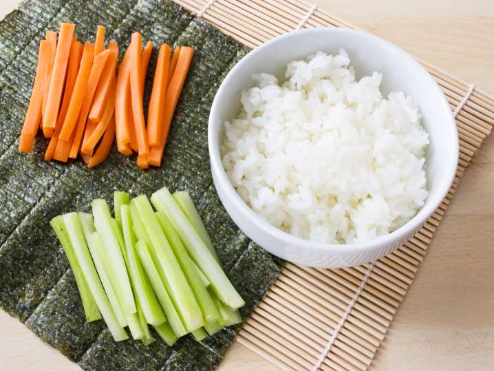 rice, carrots, cucumber, and nori for sushi Shot