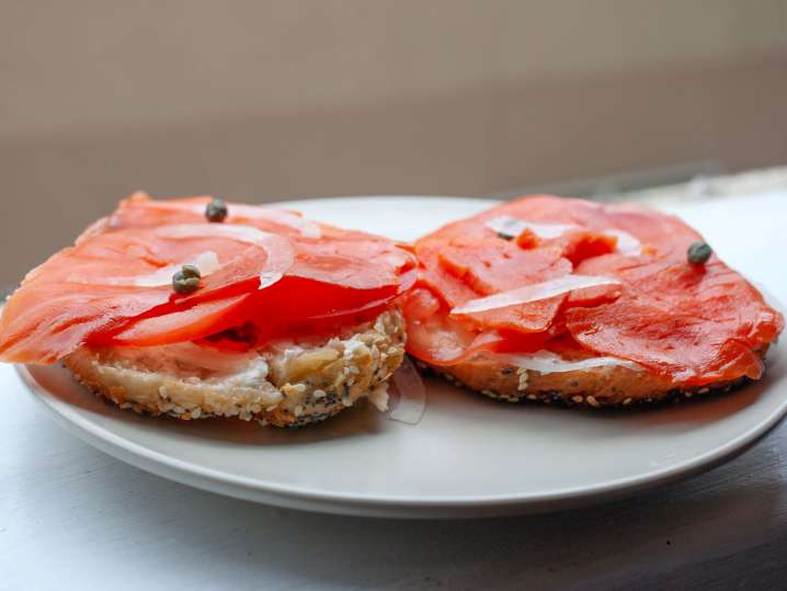 beet cured salmon on a bagel | Classpop Shot