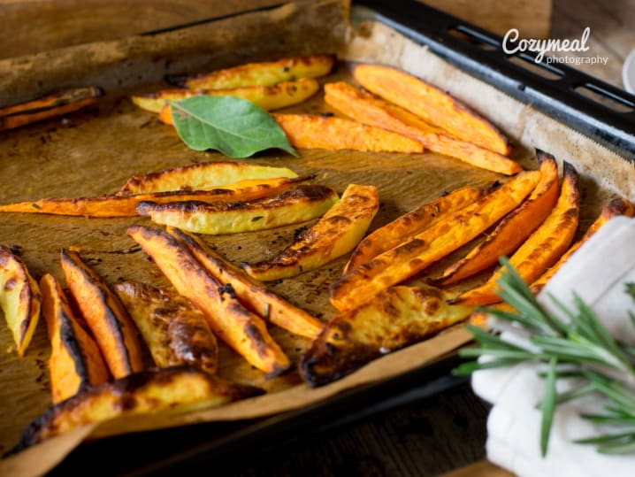 roasted sweet potatoes on a baking tray
