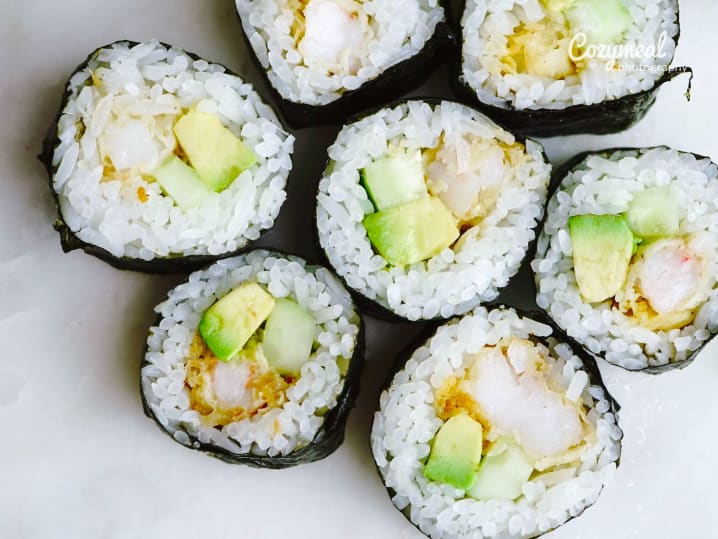 5 shrimp tempura and avocado sushi rolls