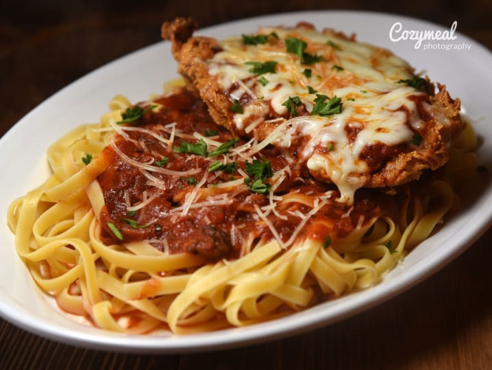 Chicken Parmesan with Fresh Tomato Sauce and pasta
