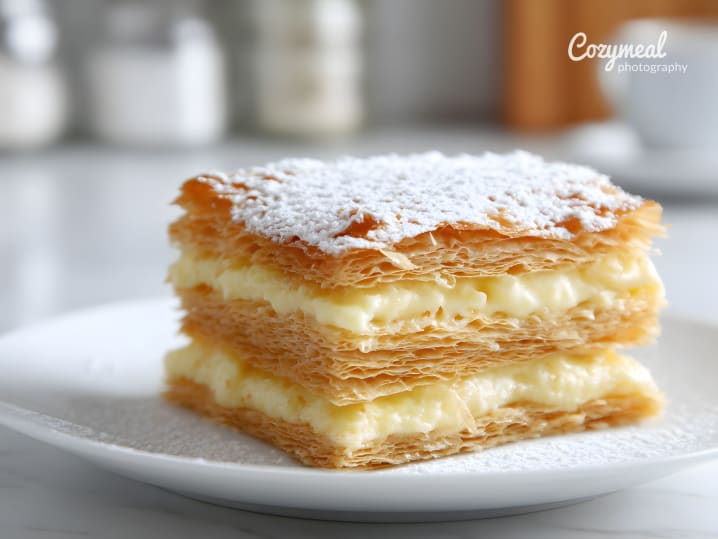Classic Mille-Feuille dessert on a white plate