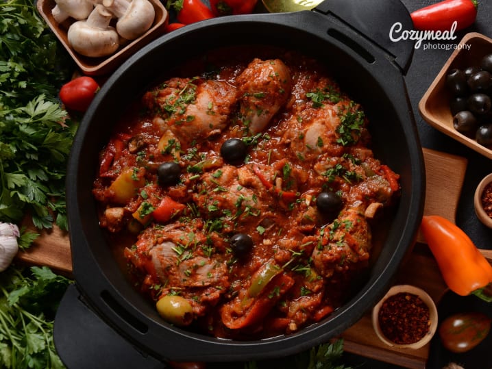 Classic Chicken Cacciatore in a skillet pan