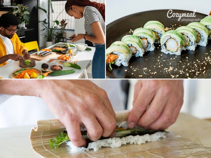 Collage of people making sushi, shrimp tempura rolls, and sushi rolls with avocado and toppings.