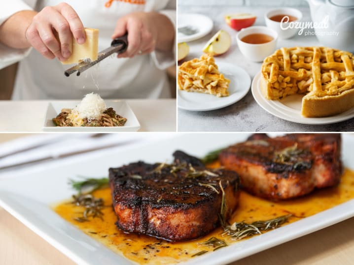 Collage of pork chops, wild mushroom risotto being stirred, plated risotto, and spiced apple crostata.