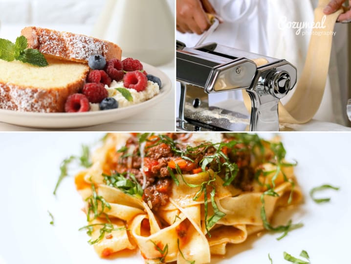 Collage of pappardelle with Bolognese, roasted broccoli with shaved Parmesan, pasta rolling, and olive oil polenta cake.