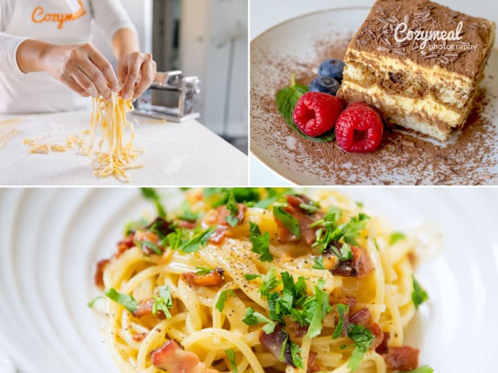 Collage of fettuccine carbonara, pasta rolling, polenta cake, and dark chocolate tiramisu.