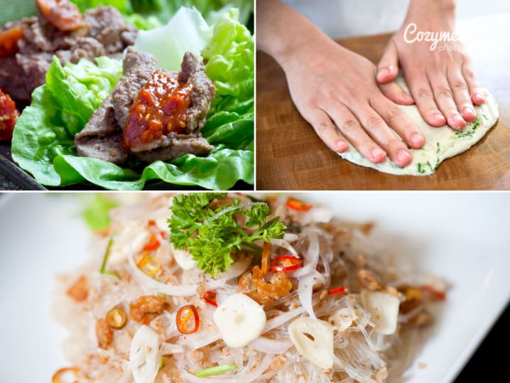 Collage of bulgogi lettuce wraps, glass noodles, scallion pancakes, and chili-marinated cucumbers.