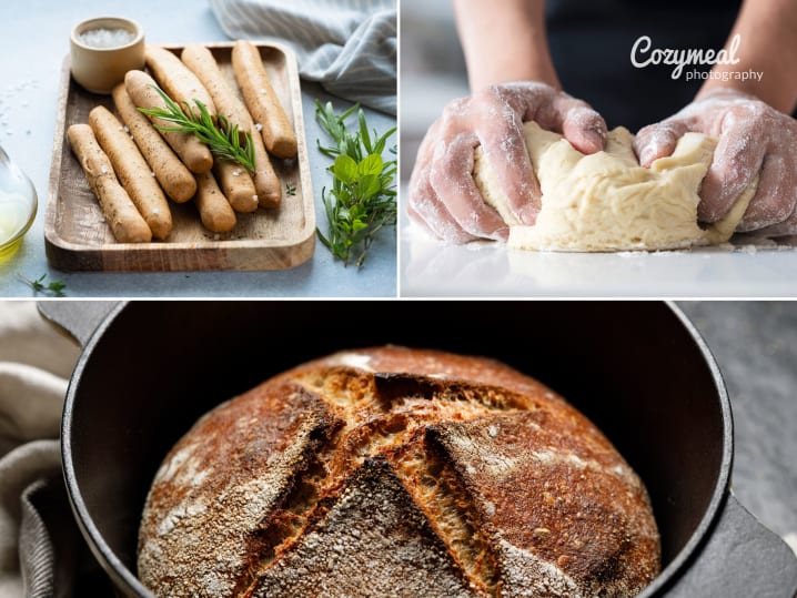 Collage of raspberry focaccia, Dutch oven bread, breadsticks, and flavored butter.