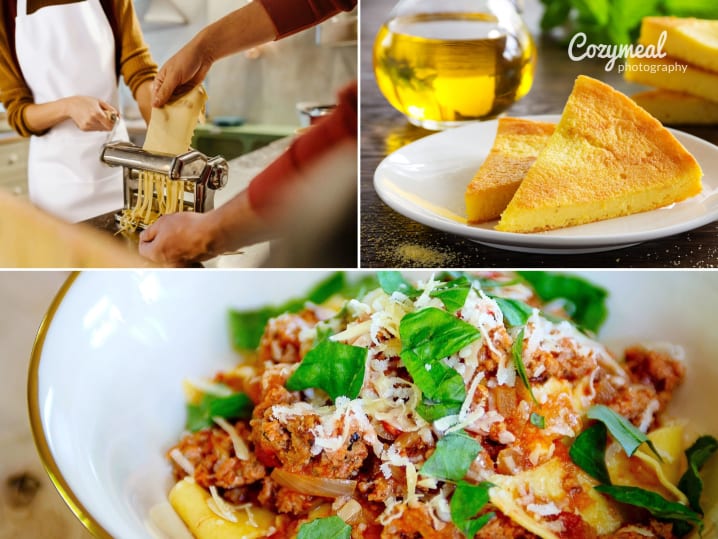 Collage of pappardelle with Bolognese, roasted broccoli with shaved Parmesan, pasta rolling, and olive oil polenta cake.