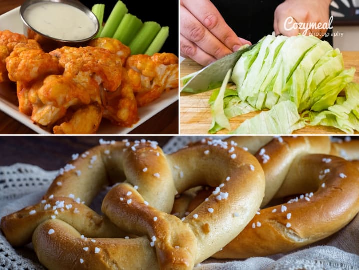 Collage featuring buffalo cauliflower with ranch dip, soft pretzel dough being shaped, pulled pork sandwiches, chopped cauliflower, and crispy cauliflower bites.