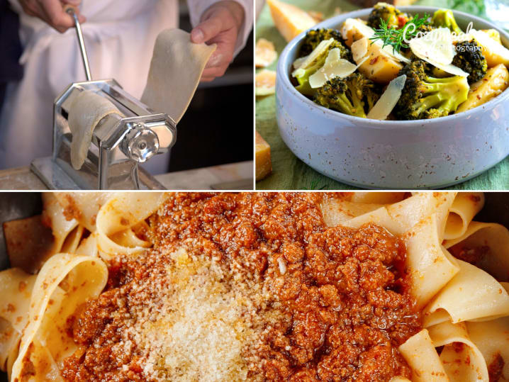 Collage of pappardelle with Bolognese, roasted broccoli with shaved Parmesan, pasta rolling, and olive oil polenta cake.