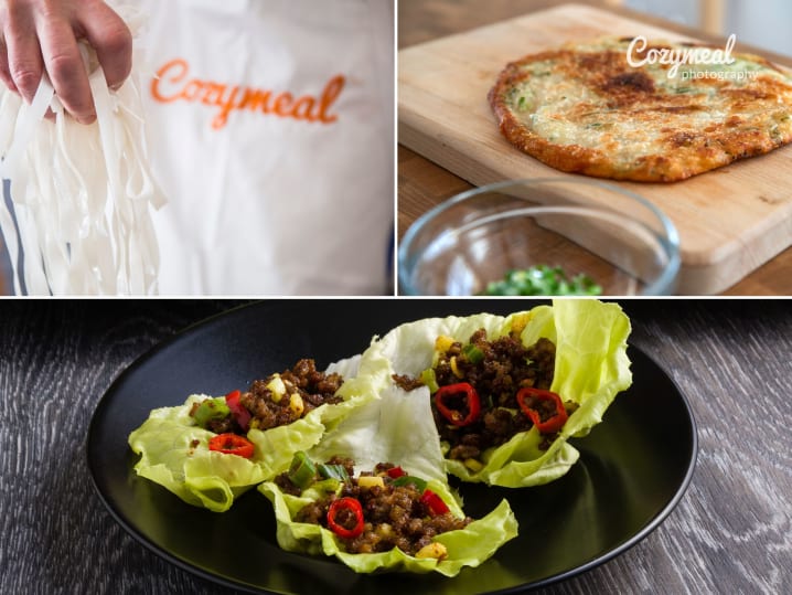 Collage of bulgogi lettuce wraps, glass noodles, scallion pancakes, and chili-marinated cucumbers.