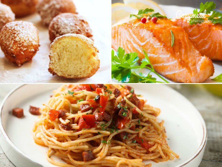 collage for Bold Italian Flavors cooking class on Cozymeal featuring fresh pasta, salmon and fresh ricotta donuts