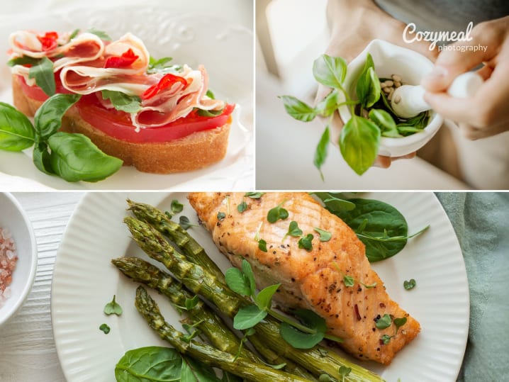 collage for Bold Italian Flavors cooking class on Cozymeal featuring poached salmon, prosciutto bruschetta and chef making pesto sauc