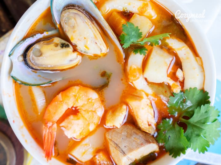 traditional French bouillabaisse with seafood served in saffron broth