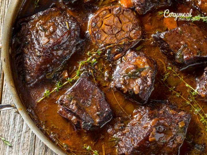 Braised short ribs in a pan