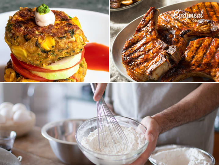 a collage of crusted pork chops, corn fritters and whisking batter
