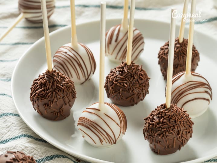 A plate of chocolate and white cake pops drizzled with chocolate, neatly arranged on a white plate.