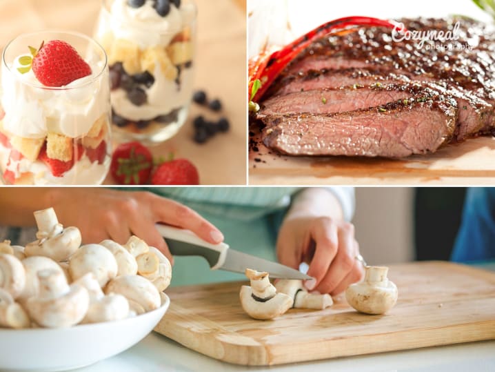 collage for Celebrating Colorful Cooking class on Cozymeal with parfait, roasted steak and chef cutting mushrooms