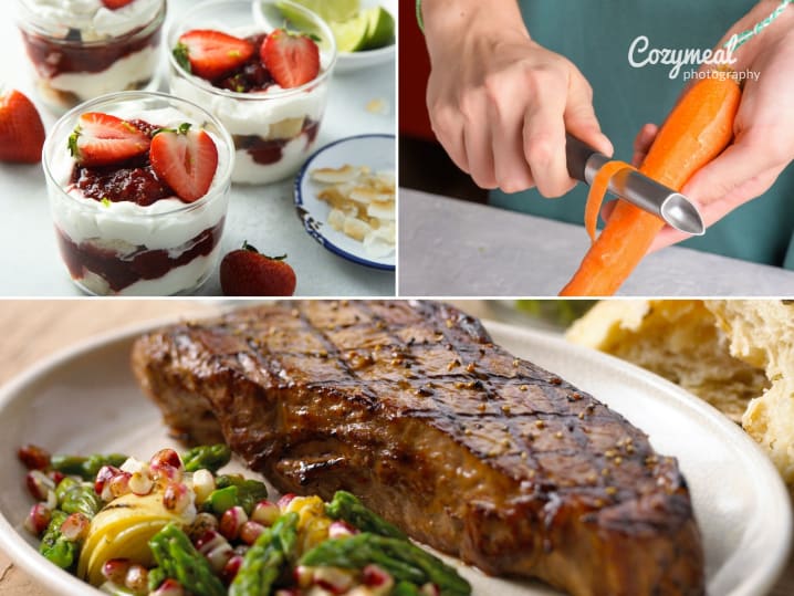 collage for Celebrating Colorful Cooking class on Cozymeal with parfait, roasted steak and chef peeling carrots